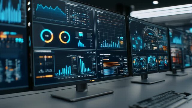 Medium shot of digital dashboards tracking both physical access and virtual activity in a modern hybrid office emphasizing datadriven security management.