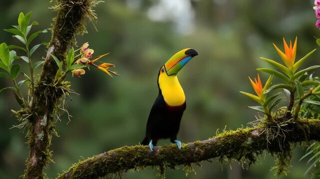 Colorful toucan bird perched on a mossy branch in lush green environment