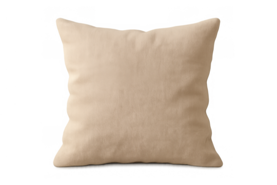 Beige square pillow with soft fabric texture displaying comfort and home decor on transparent background