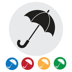 Simple, modern umbrella icon set with various color backgrounds perfect for weather apps, safety alerts, and protection themes