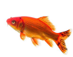 A bright orange goldfish with black speckles swims in a clear aquatic environment showcasing its detailed scales and fins against a solid black background