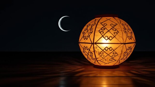 Decorative illuminated lantern in the dark night with moon in the sky