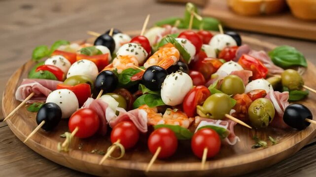 Delicious appetizers skewers with shrimp olives tomatoes and mozzarella