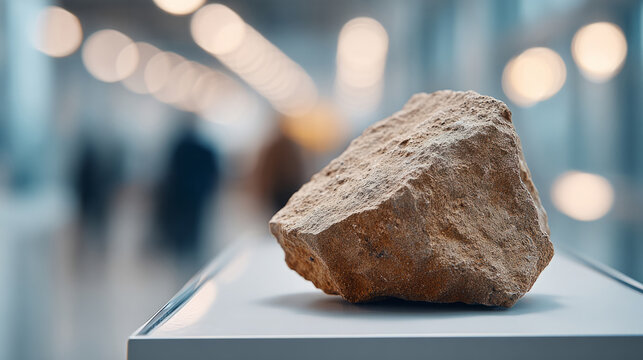 Close-up view of asteroid in museum glass case for educational exhibit