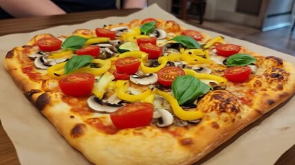 Delicious pizza with colorful fresh vegetables and cheese on a rustic surface