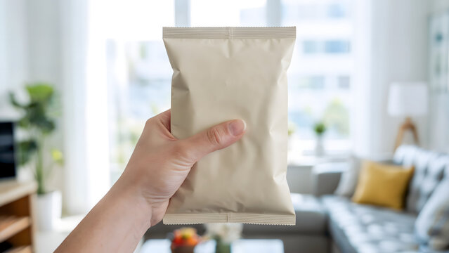 Hand holding beige snack bag mockup, blank packaging in living room, blurred home background, person holding chip packet, product template.