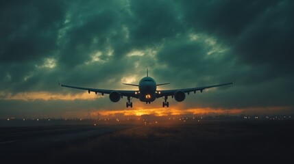 Naklejka premium A passenger jet takes off during a sunset, silhouetted against dramatic, cloudy skies