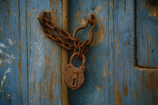 An old rusty chain and antique lock hang on a weathered blue wooden door.