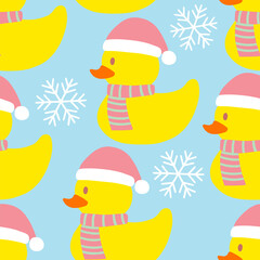 bath duck Yellow duck rubber seamless pattern christmas santa claus hat and striped scarf with snowflake on blue background.