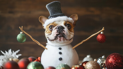 Humorous Bulldog dressed as a snowman with stick arms and a top hat, surrounded by festive holiday ornaments