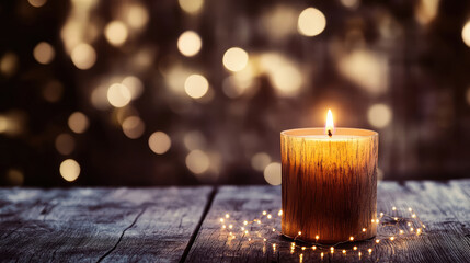 Glowing candle with fairy lights on rustic wood surface against bokeh backdrop