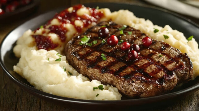 Holiday steak dinner with mashed potatoes and cranberries - Powered by Adobe