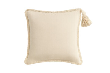 Obraz premium Beige square cushion with soft fringe trim and decorative tassel, comfort home décor textile on transparent background