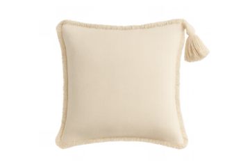 Beige square cushion with soft fringe trim and decorative tassel, comfort home décor textile on transparent background
