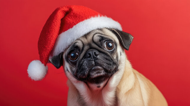 An adorable pug wearing a festive red Santa hat poses against a vibrant red background, capturing the spirit of Christmas with its charming expression.