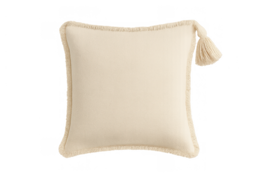 Beige square cushion with soft fringe trim and decorative tassel, comfort home décor textile on transparent background