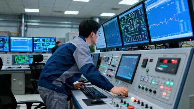 Medium shot of smart power plant control room operators adjusting settings to balance energy output during peak demand hours.