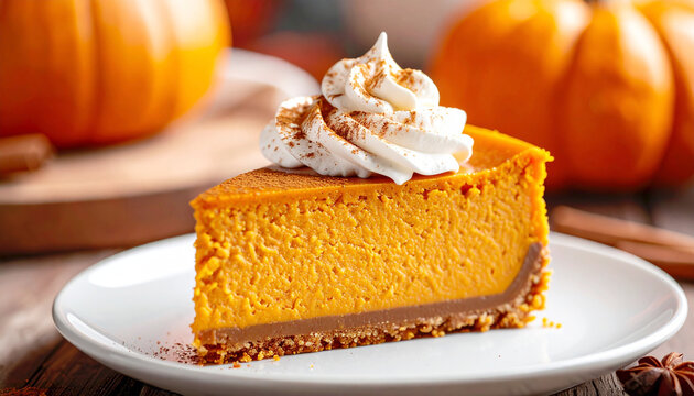 Slice of pumpkin cheesecake with whipped cream and a dusting of cinnamon. AI