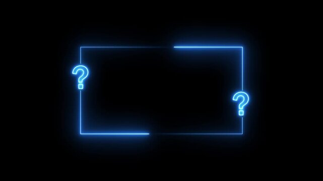Blue neon rectangular frame with question marks on a black background query inquiry