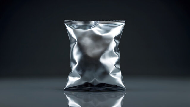 3D render of silver foil snack bag, metallic chip packaging mockup, blank template, dark reflective background, modern.