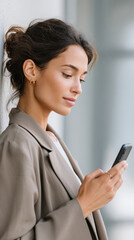 Fototapeta premium Female professional reviewing resume on phone for job application and career advancement