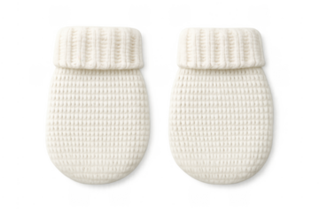 White knitted woolen mittens keeping hands warm