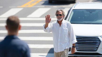 Courteous driver pausing for pedestrian on a busy street