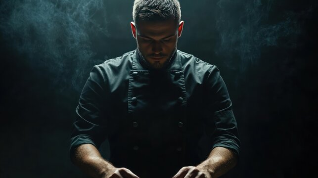 A culinary professional, focused, in dim lighting, with smoke around them