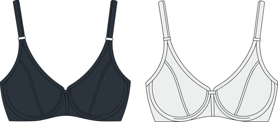 Modern women’s lingerie bra front and back view, black and white design, elegant undergarment style, detailed CAD flat vector illustration