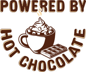 Powered By Hot Chocolate - Design With Flat Mug, Marshmallows, And Snowflakes Evoking Cozy Winter Cheer