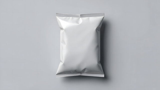 3D render of blank white snack bag mockup, crinkled chip bag, top-down view, isolated on grey background, packaging template.