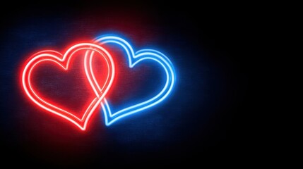 Intertwined red and blue neon hearts glowing on dark metallic background, cyberpunk style romantic design with futuristic technology aesthetic, perfect for valentine's day and modern love celebrations