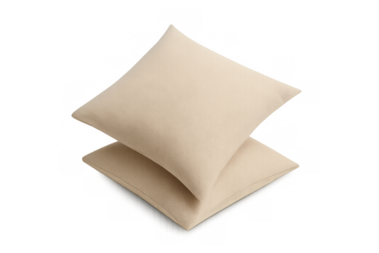 Two beige cushions stacking, presenting comfort and soft textile for a relaxed home environment. Transparent background