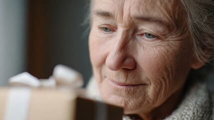 Thoughtful elderly woman with gift box preparing for festive celebration