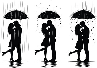 Romantic couple kissing under umbrella silhouette in rain, love and affection concept, black and white vector illustration for Valentine’s day design