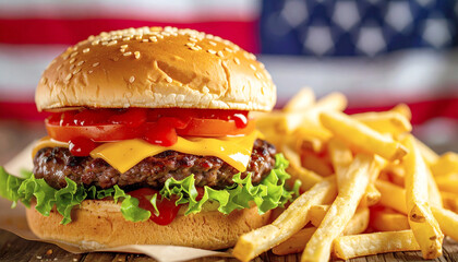 Cheeseburger with lettuce, tomato, and ketchup, served with golden fries, American style. AI