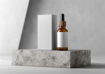 Blank amber dropper bottle and white box on a stone platform