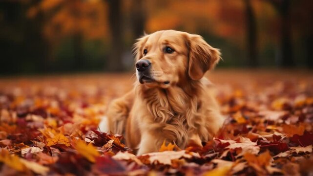 Golden retriever relaxing amidst autumn leaves in natural environment
