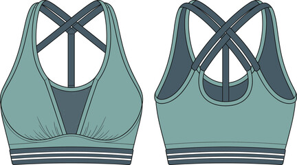 Women’s sports bra design, activewear top front and back view, fitness clothing, vector illustration, CAD drawing, workout apparel, flat fashion template