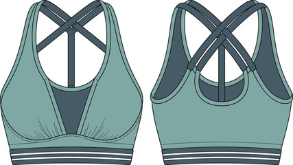 Sports bra vector design, teal activewear top, criss cross back straps, seamless fit, gym clothing, modern women’s fitness apparel illustration templatev