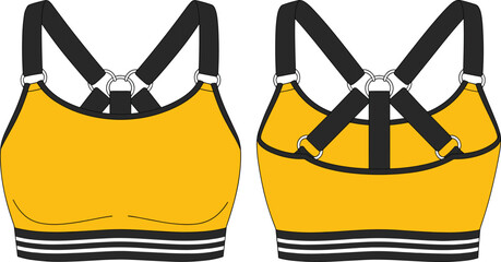 Yellow sports bra vector design, black strap activewear top, adjustable back support, women’s fitness wear, modern gym clothing illustration template