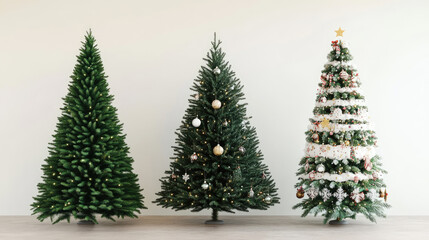 Three christmas trees in a row one green one decorated and one white