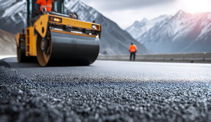 Road roller compacting new asphalt on mountain highway during construction project in sunny weather, creating smooth surface for transportation and infrastructure development.