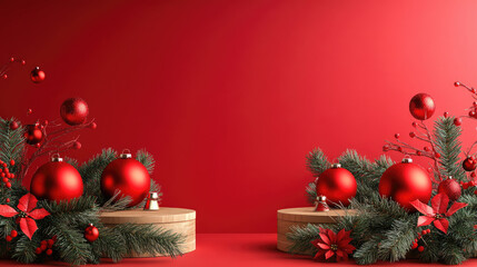 red ornaments christmas sale backdrop features realistic festive atmosphere around two decorated podiums