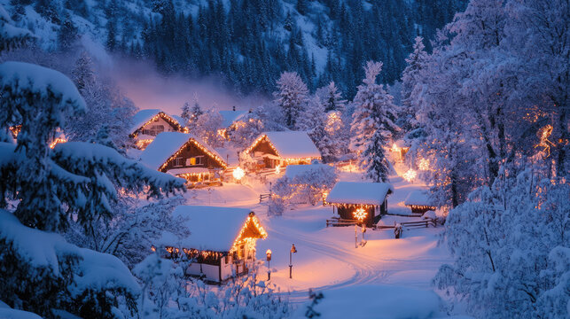 Snowy Christmas village at twilight - Powered by Adobe