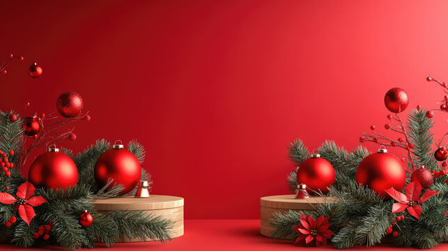 red ornaments christmas sale backdrop features realistic festive atmosphere around two decorated podiums