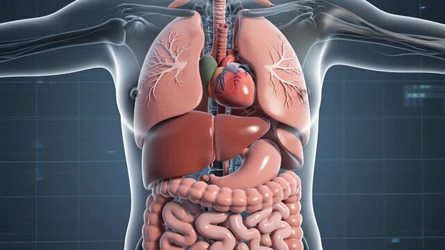 Detailed Anatomical Illustration of Human Internal Organs Showing Heart Lungs Liver and Intestines with Digital Overlay