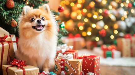 A fluffy, tan and white Pomeranian dog sitting amidst beautifully wrapped Christmas gifts, with a softly blurred background of a decorated Christmas tree and warm lights, radiating holiday joy.