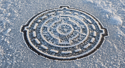 Obraz premium Urban winter concept with a frozen manhole cover for abstract texture or cold weather theme