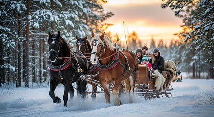 Horses pulling sleigh with happy family for winter holiday travel and Christmas tourism advertising